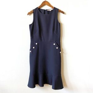 LOFT BUTTON POCKET FLOUNCE SLEEVELESS DRESS NAVY 0